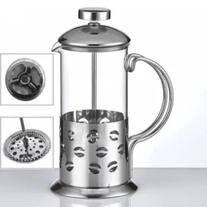 Cafetière à piston en acier inoxydable et verre, design élégant et fonctionnel.