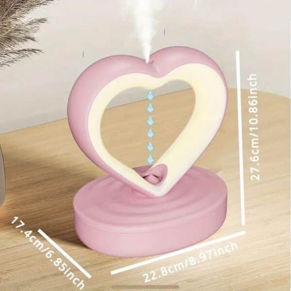 Humidificateur cœur lumineux avec éclairage LED romantique et fonction de brumisation.