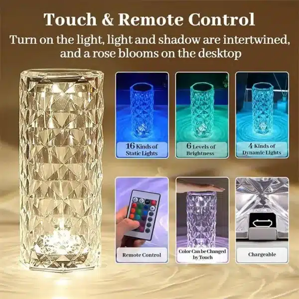 Lampe cristal LED multicolore, éclairage d'ambiance tactile et télécommandé.