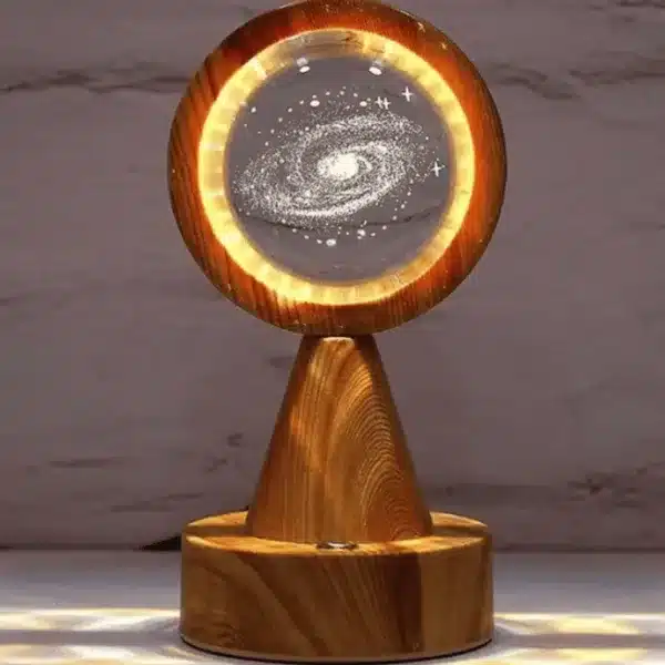 Lampe LED galaxie en bois avec projection lumineuse d’une galaxie