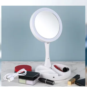 Miroir de maquillage LED avec rangement intégré et éclairage ajustable.