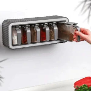 Organisateur de cuisine avec boîtes à épices, rangement moderne et pratique.