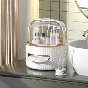 Organisateur de salle de bain multifonction avec couvercle transparent et distributeur de mouchoirs.