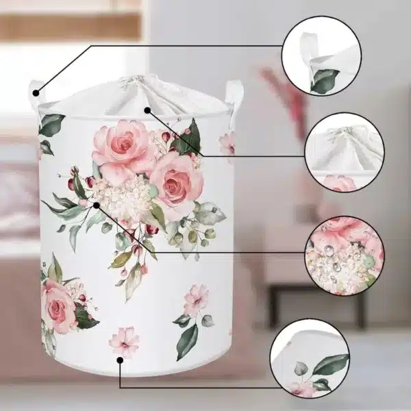 Panier à linge pliable avec motif floral, design élégant et pratique pour la maison.