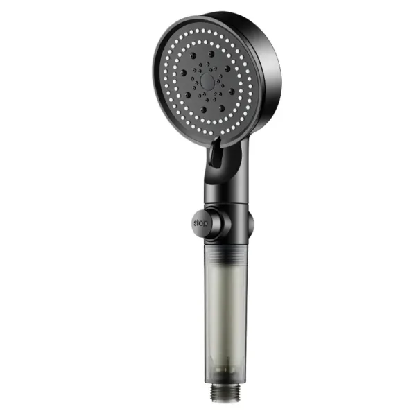 Pommeau de douche haute pression avec filtre intégré et bouton stop.