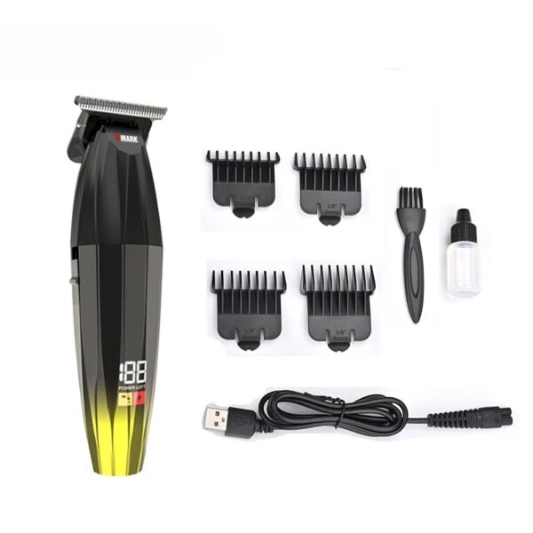 Tondeuse à cheveux rechargeable avec accessoires, écran LED et guides de coupe.