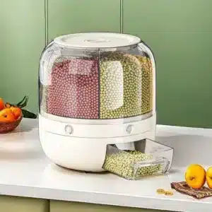 Distributeur rotatif de céréales et légumineuses avec compartiments hermétiques, design moderne pour une cuisine organisée.