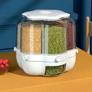 Distributeur rotatif de céréales et légumineuses avec compartiments hermétiques, design moderne pour une cuisine organisée.