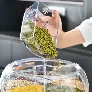 Distributeur rotatif de céréales et légumineuses avec compartiments hermétiques, design moderne pour une cuisine organisée.