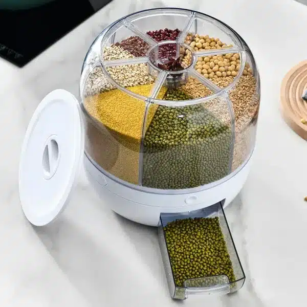 Distributeur rotatif de céréales et légumineuses avec compartiments hermétiques, design moderne pour une cuisine organisée.