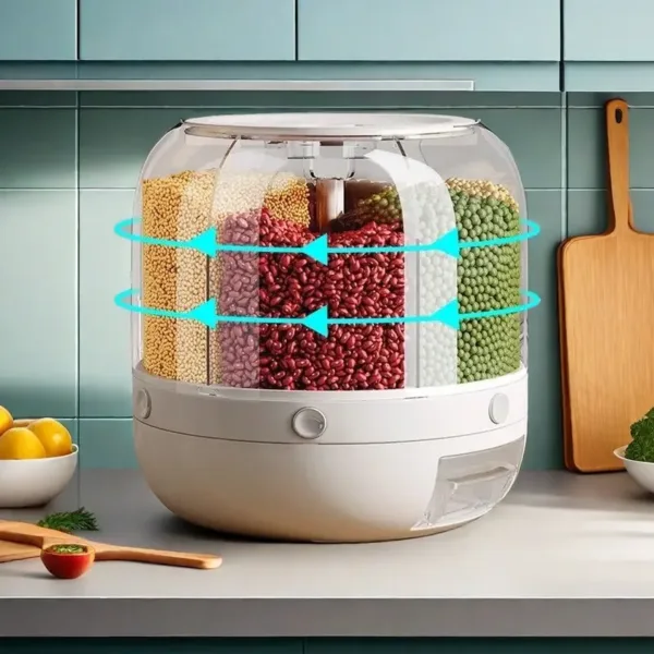 Distributeur rotatif de céréales et légumineuses avec compartiments hermétiques, design moderne pour une cuisine organisée.