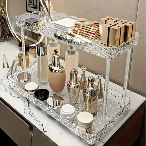 Étagère de rangement cosmétique luxe effet cristal double niveau