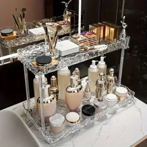 Étagère de rangement cosmétique luxe effet cristal double niveau