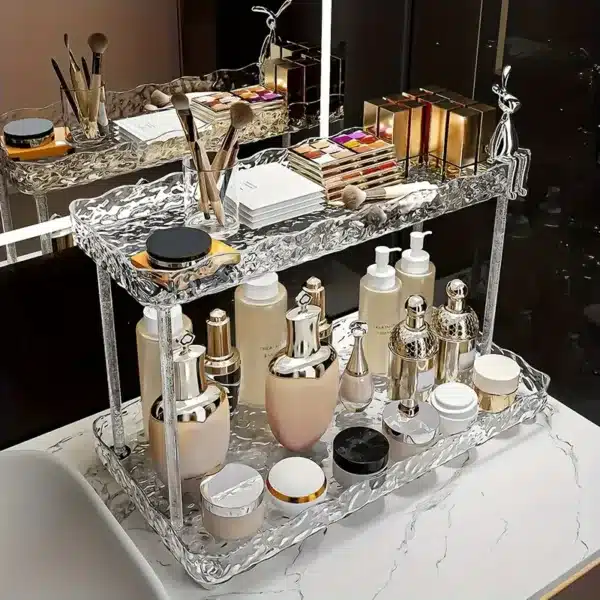 Étagère de rangement cosmétique luxe effet cristal double niveau