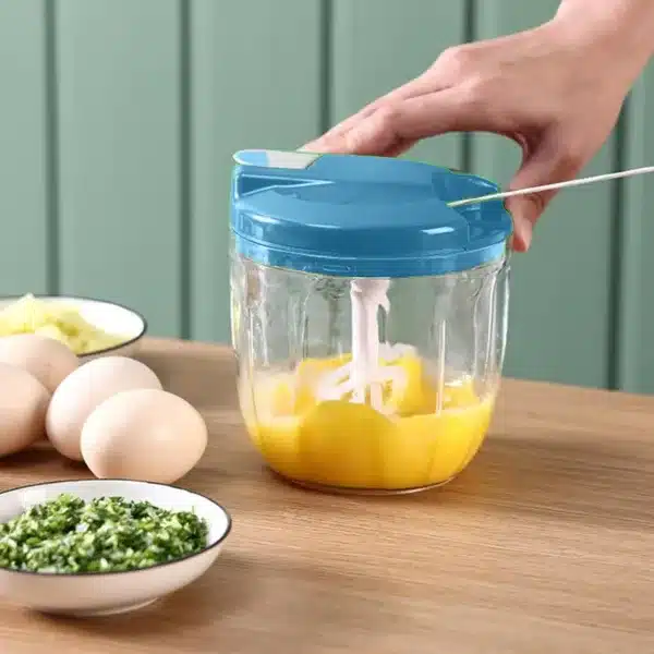 Hachoir manuel multifonction avec tirette pour hacher, mixer et émulsionner en cuisine