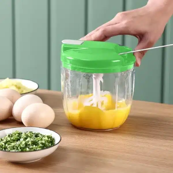 Hachoir manuel multifonction avec tirette pour hacher, mixer et émulsionner en cuisine