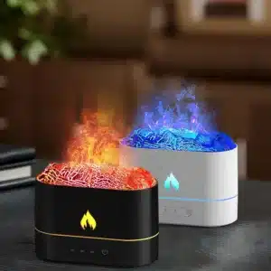 Humidificateur LED effet flamme avec lumière rouge et bleue, idéal pour créer une ambiance relaxante.