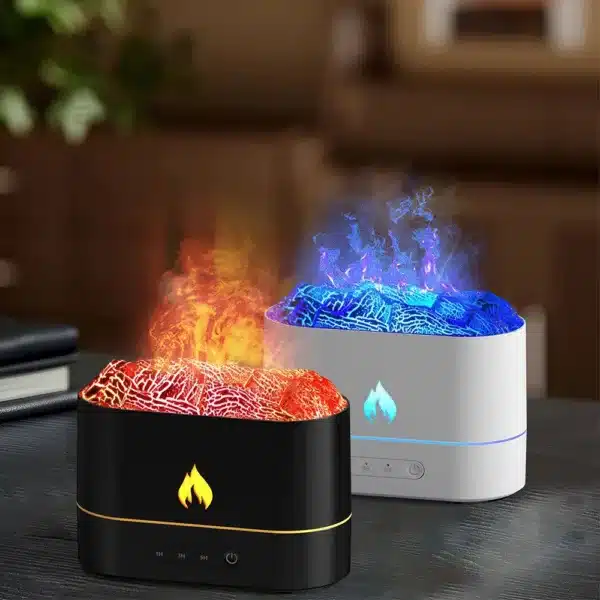 Humidificateur LED effet flamme avec lumière rouge et bleue, idéal pour créer une ambiance relaxante.