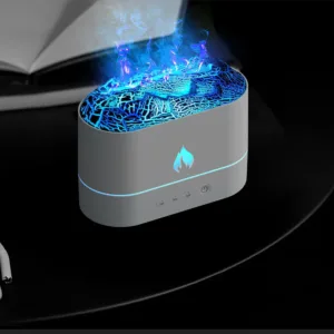 Humidificateur LED effet flamme avec lumière rouge et bleue, idéal pour créer une ambiance relaxante.