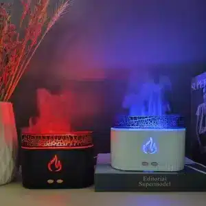 Humidificateur LED effet flamme multicolore, idéal pour une ambiance relaxante et une purification de l’air.
