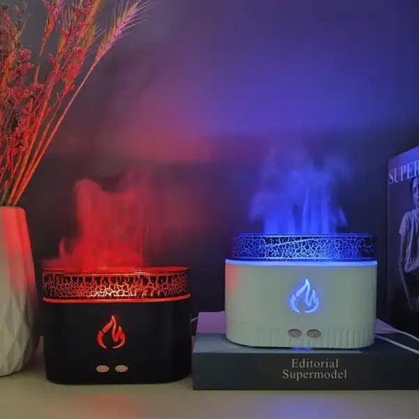 Humidificateur LED effet flamme multicolore, idéal pour une ambiance relaxante et une purification de l’air.