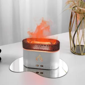 Humidificateur LED effet flamme multicolore, idéal pour une ambiance relaxante et une purification de l’air.