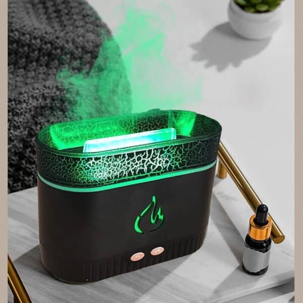 Humidificateur LED effet flamme multicolore, idéal pour une ambiance relaxante et une purification de l’air.