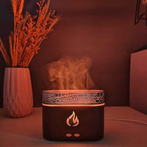 Humidificateur LED effet flamme multicolore, idéal pour une ambiance relaxante et une purification de l’air.
