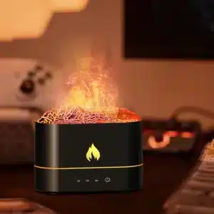 Humidificateur LED effet flamme avec lumière rouge et bleue, idéal pour créer une ambiance relaxante.