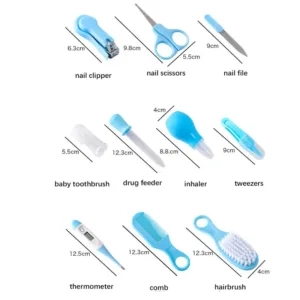 Kit de soin bébé complet avec brosse, peigne, thermomètre, coupe-ongles et accessoires d’hygiène pour nouveau-né.