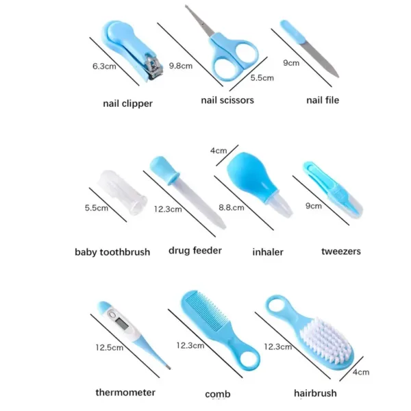 Kit de soin bébé complet avec brosse, peigne, thermomètre, coupe-ongles et accessoires d’hygiène pour nouveau-né.