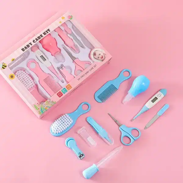 Kit de soin bébé complet avec brosse, peigne, thermomètre, coupe-ongles et accessoires d’hygiène pour nouveau-né.