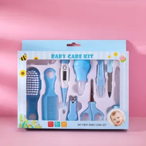 Kit de soin bébé complet avec brosse, peigne, thermomètre, coupe-ongles et accessoires d’hygiène pour nouveau-né.