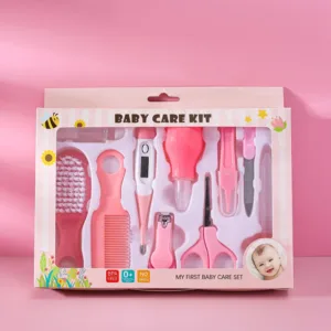 Kit de soin bébé complet avec brosse, peigne, thermomètre, coupe-ongles et accessoires d’hygiène pour nouveau-né.