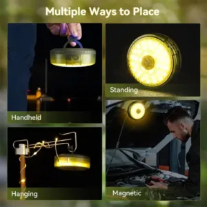 Lampe de camping LED avec guirlande lumineuse intégrée, idéale pour extérieur et bivouac.