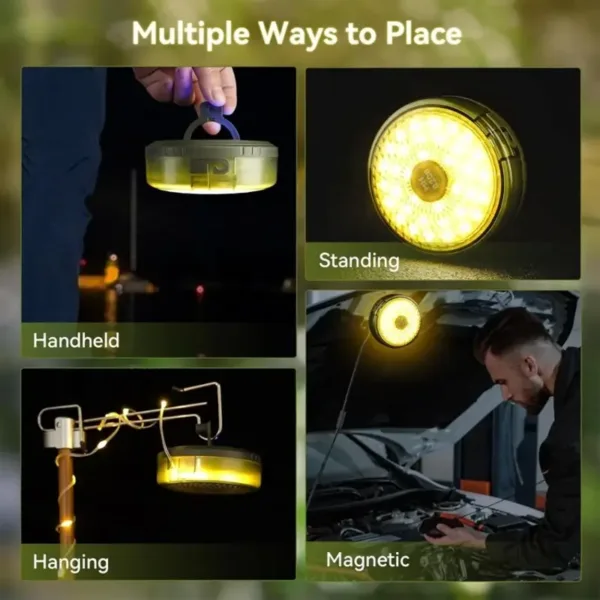 Lampe de camping LED avec guirlande lumineuse intégrée, idéale pour extérieur et bivouac.