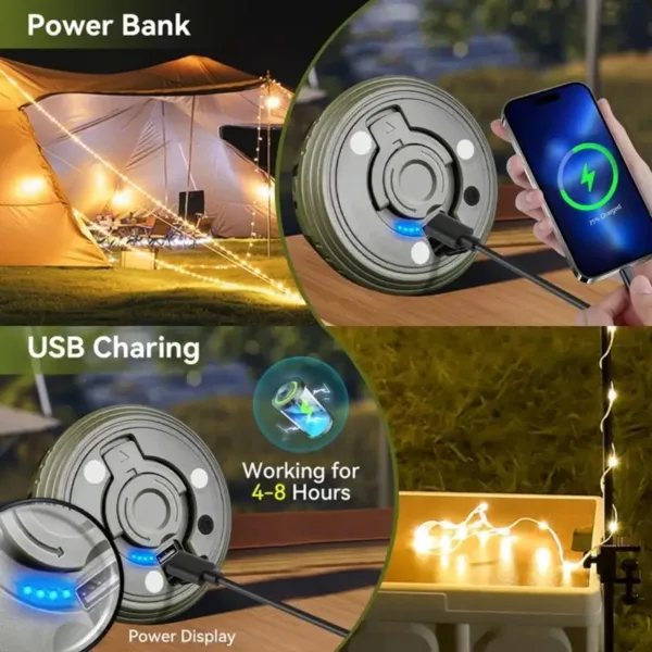 Lampe de camping LED avec guirlande lumineuse intégrée, idéale pour extérieur et bivouac.