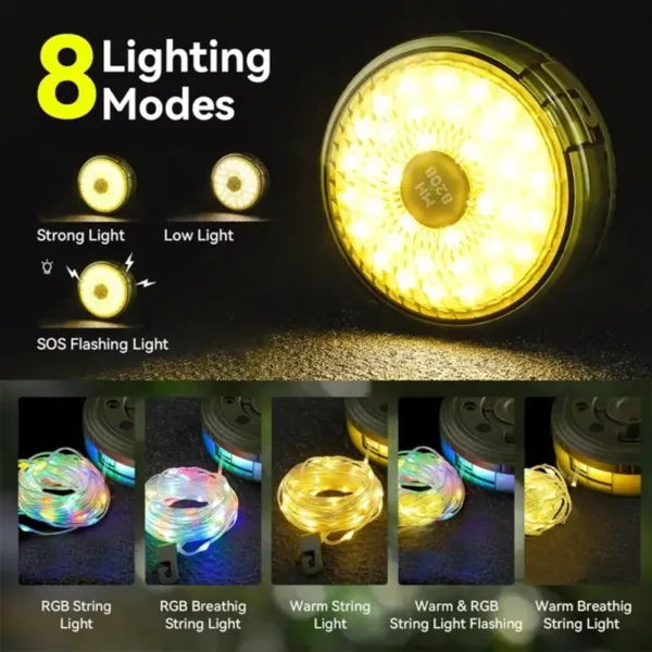 Lampe de camping LED avec guirlande lumineuse intégrée, idéale pour extérieur et bivouac.