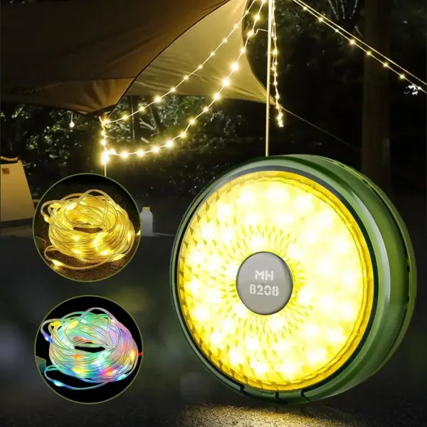 Lampe de camping LED avec guirlande lumineuse intégrée, idéale pour extérieur et bivouac.