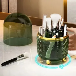 Organisateur de pinceaux de maquillage rotatif avec couvercle anti-poussière, design luxe vert et or