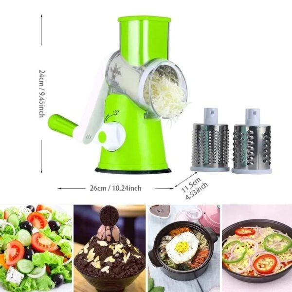 Râpe à légumes et fromage manuelle avec lames interchangeables pour découpe rapide.