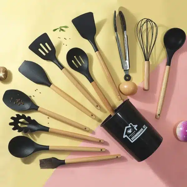 Set d’ustensiles de cuisine en silicone et bois 12 pièces
