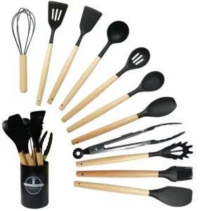 Set d’ustensiles de cuisine en silicone et bois 12 pièces