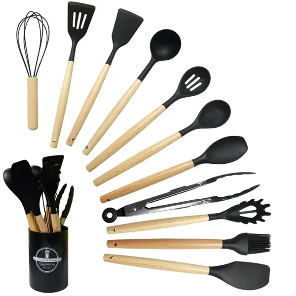 Set d’ustensiles de cuisine en silicone et bois 12 pièces
