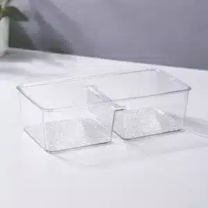 bac de rangement frigo transparent 2 compartiments en plastique PET 20x10x5.5 cm