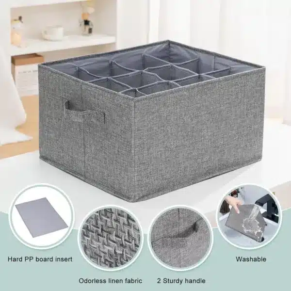 Boîte de rangement pliable en tissu gris avec compartiments