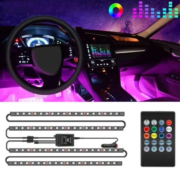 Kit LED intérieur voiture RGB avec télécommande et connecteur allume-cigare