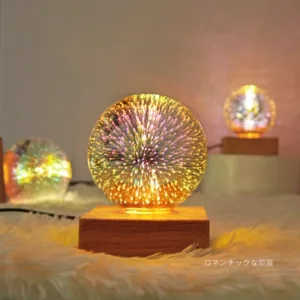 Lampe 3D Feu d’Artifice LED avec base en bois