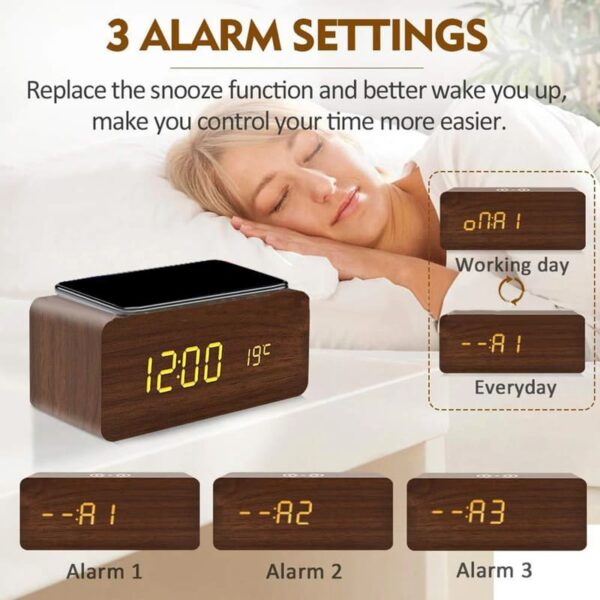 Réveil digital en bois sur table de nuit