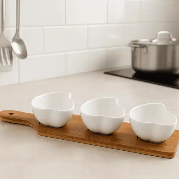 Set de 3 bols en céramique blanche sur planche en bois – Présentoir moderne pour apéritifs et condiments – Maroc